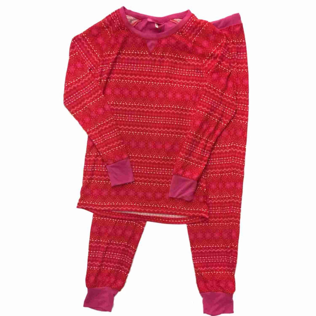 Womens Red Pink & White Aztec Print Snowflake Pajamas Thermal Sleep Set Large