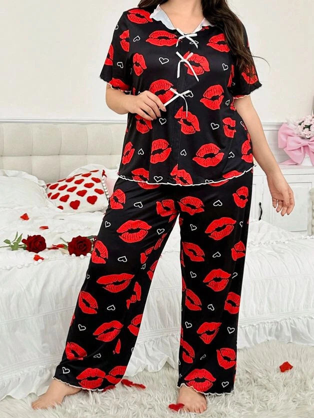 PYJAMA PLUS SIZE 22 24 26 28 BLACK RED LIPS RIBBON STRETCH LOUNGEWEAR COMFORT