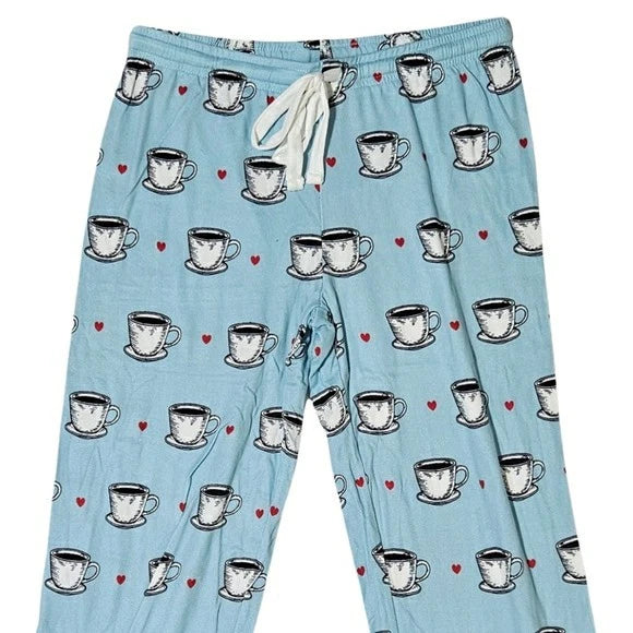 PJ SALVAGE Coffee Pajama Set 2-Piece Long Sleeve/Drawstring Pants Women Blue ☕