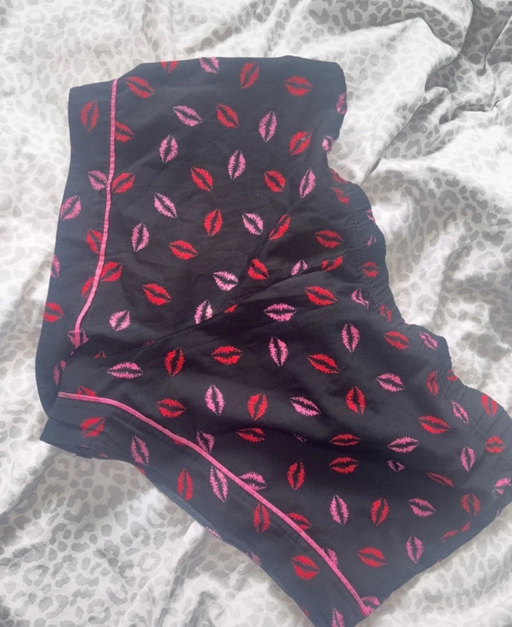 Primark Black & Pink Lips Satin Pyjama Set Upcycle Damaged Fabric