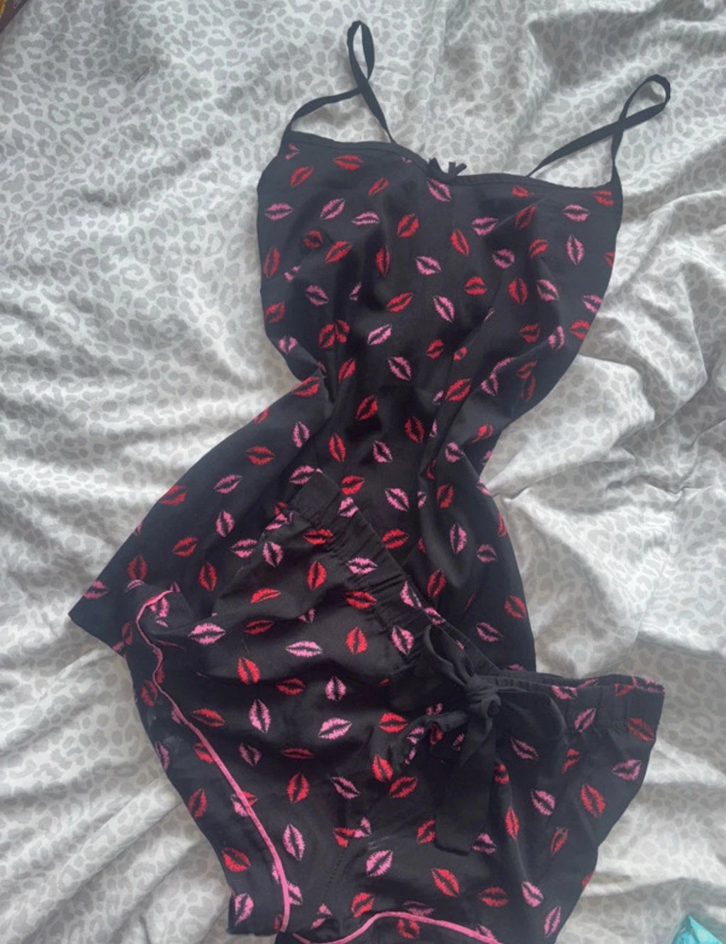 Primark Black & Pink Lips Satin Pyjama Set Upcycle Damaged Fabric