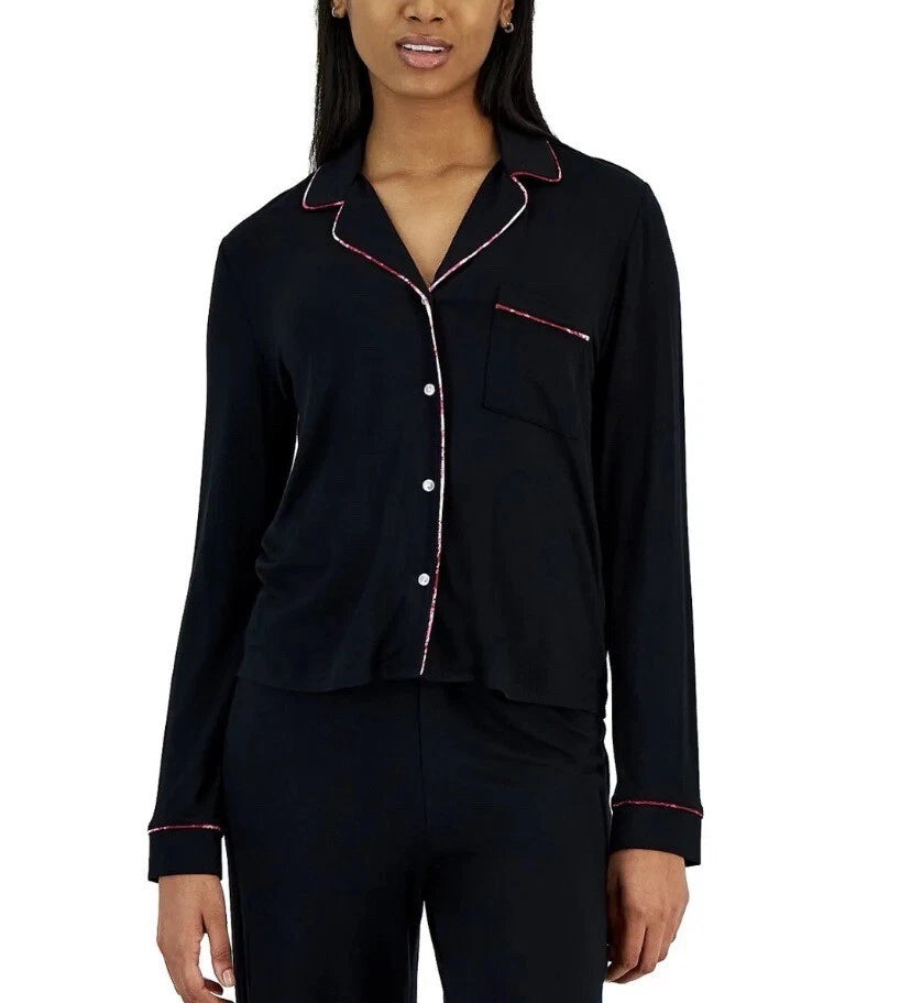 NWT JENNI Women's Notch-Collar Pajama Set Deep Black Size S