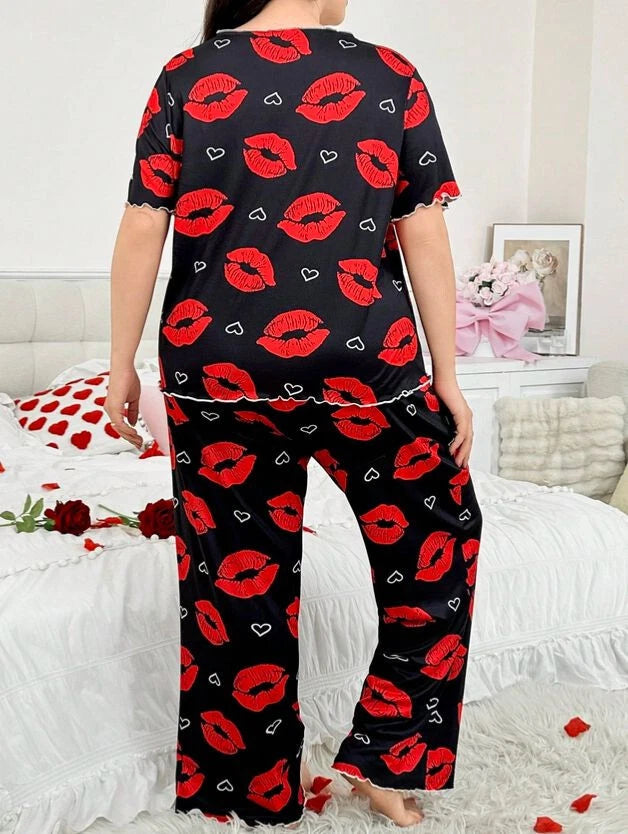 PYJAMA PLUS SIZE 22 24 26 28 BLACK RED LIPS RIBBON STRETCH LOUNGEWEAR COMFORT