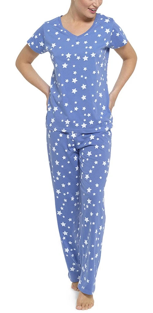 Ladies Star Print Jersey Cotton Spring Summer Pyjamas (16-18) Blue