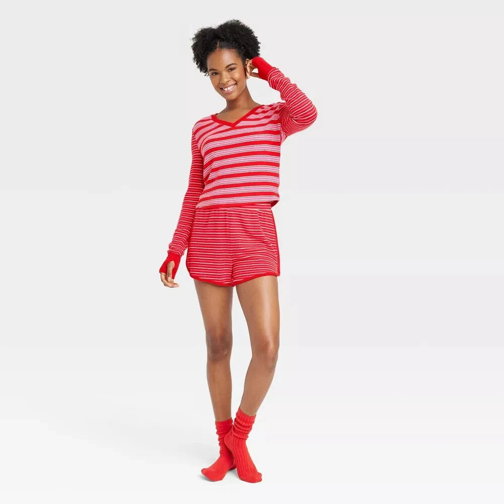 Colsie Women's 3pc Socks and Pajama Set Red Striped Size XS