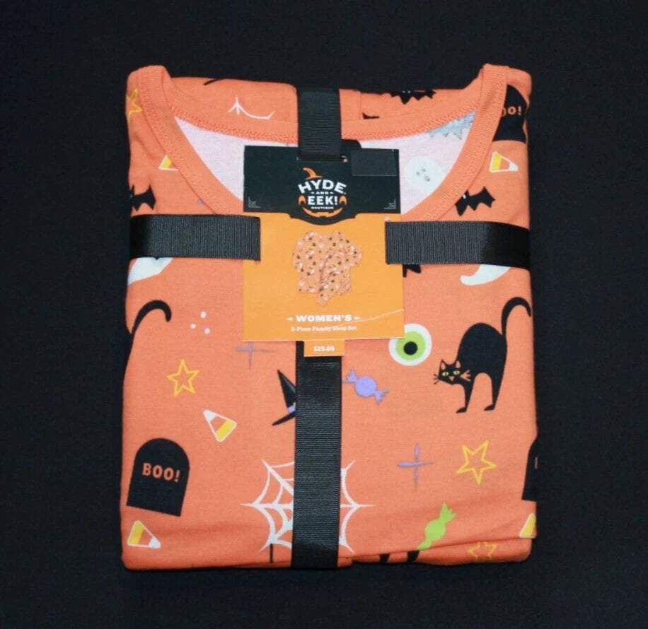 Hyde and EEK Women's 2 Pc Pajamas Orange Halloween Bats Cats Plus Size 1X NEW