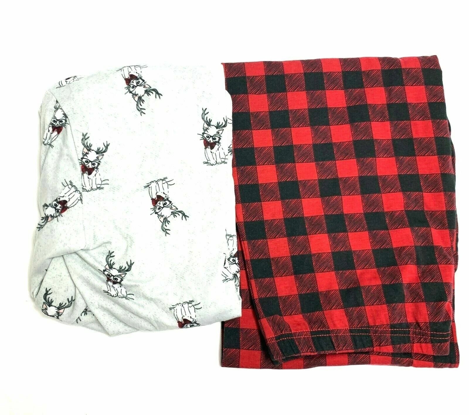2 Piece Claudel Women's Plaid Reindeer Kitten Pajama Sleepwear Set, Small