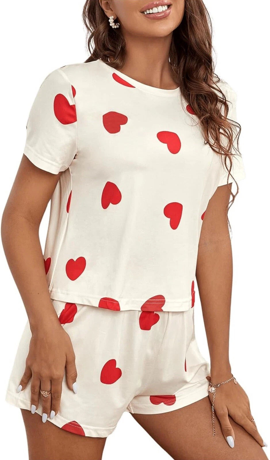 Heart Print Short Sleeve Tee Top and Shorts PJ Set Size Medium
