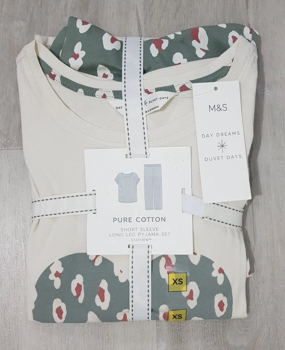 M&S size XS khaki LOUNGE WEAR pure cotton PYJAMA SET beige HEART short sleeve