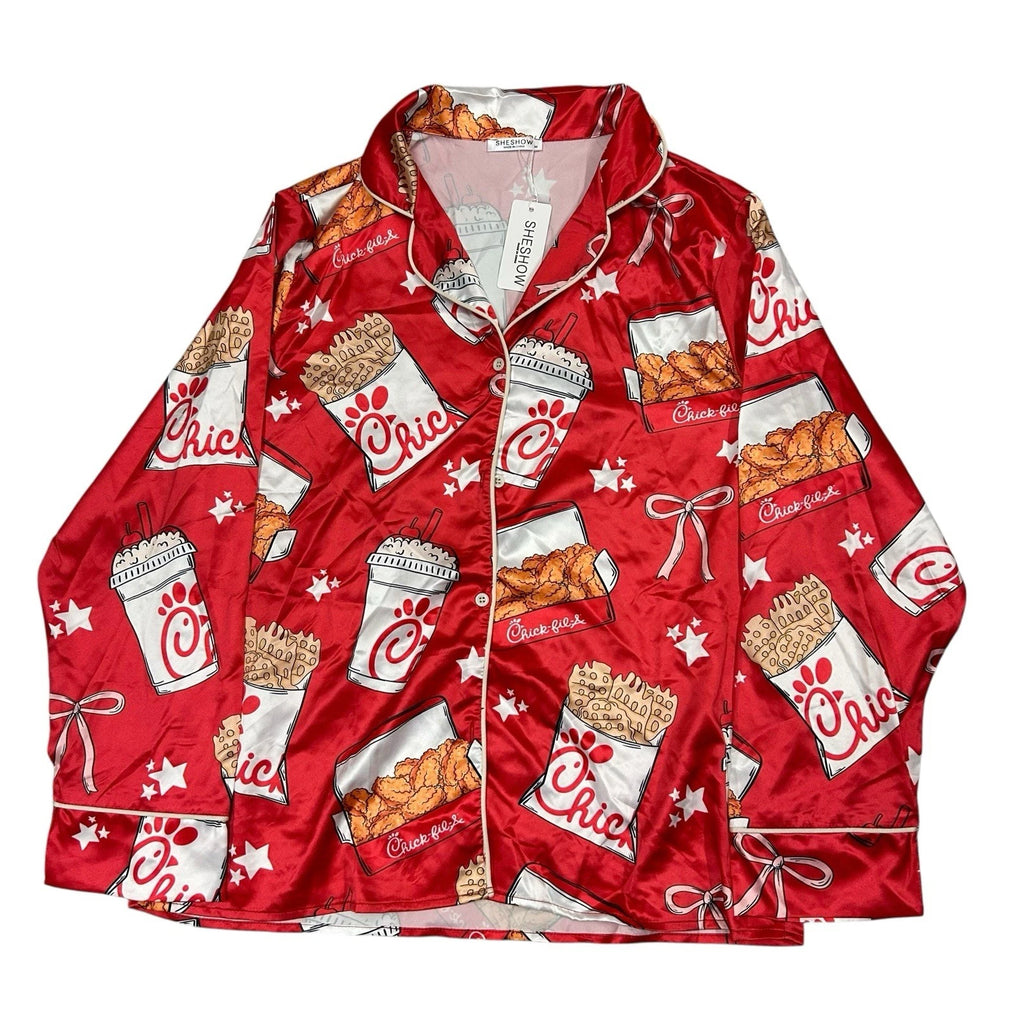 Sheshow Women's Chick-Fil-A Print Satin Pajamas Top/Short Set Red Medium New