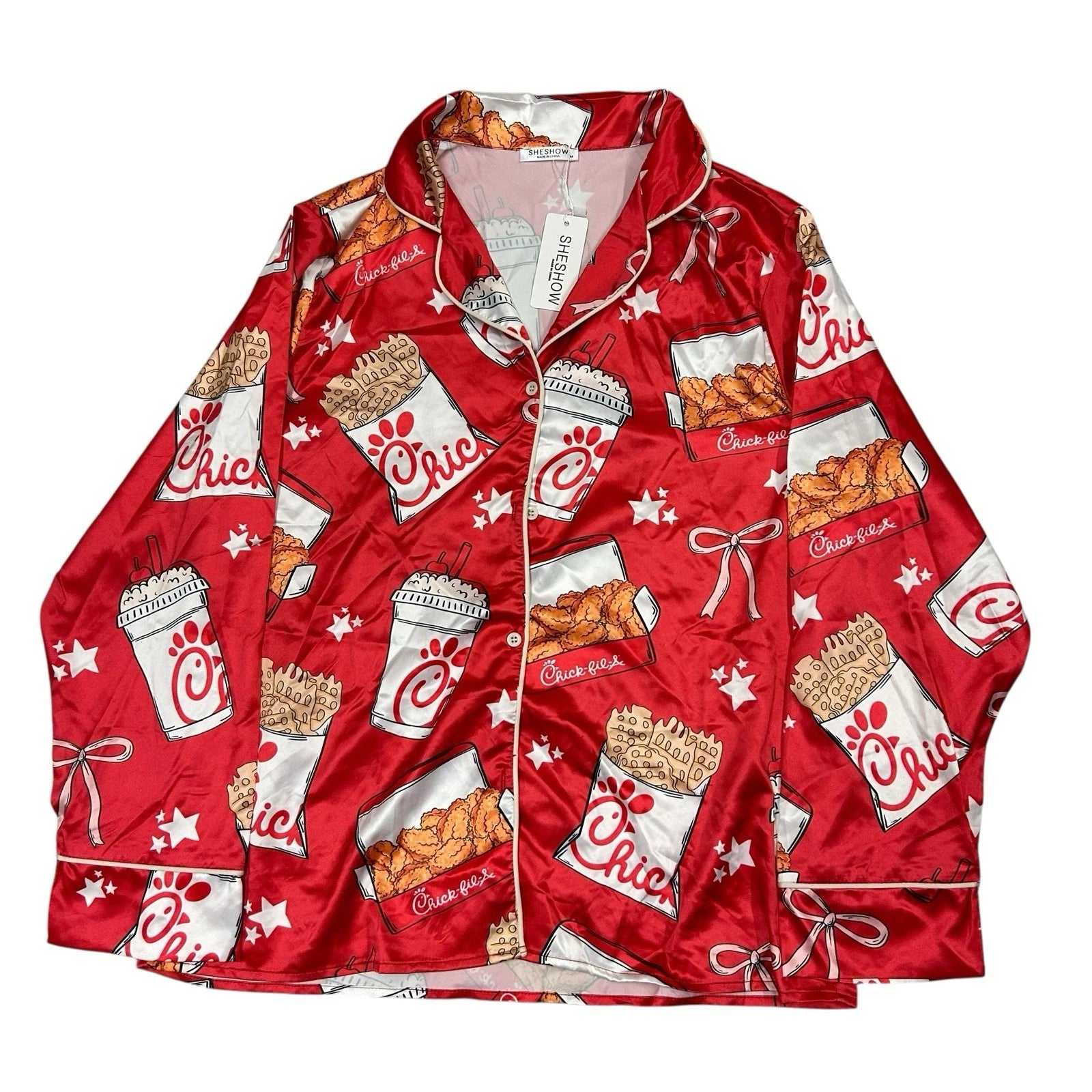 Sheshow Women's Chick-Fil-A Print Satin Pajamas Top/Short Set Red Medium New