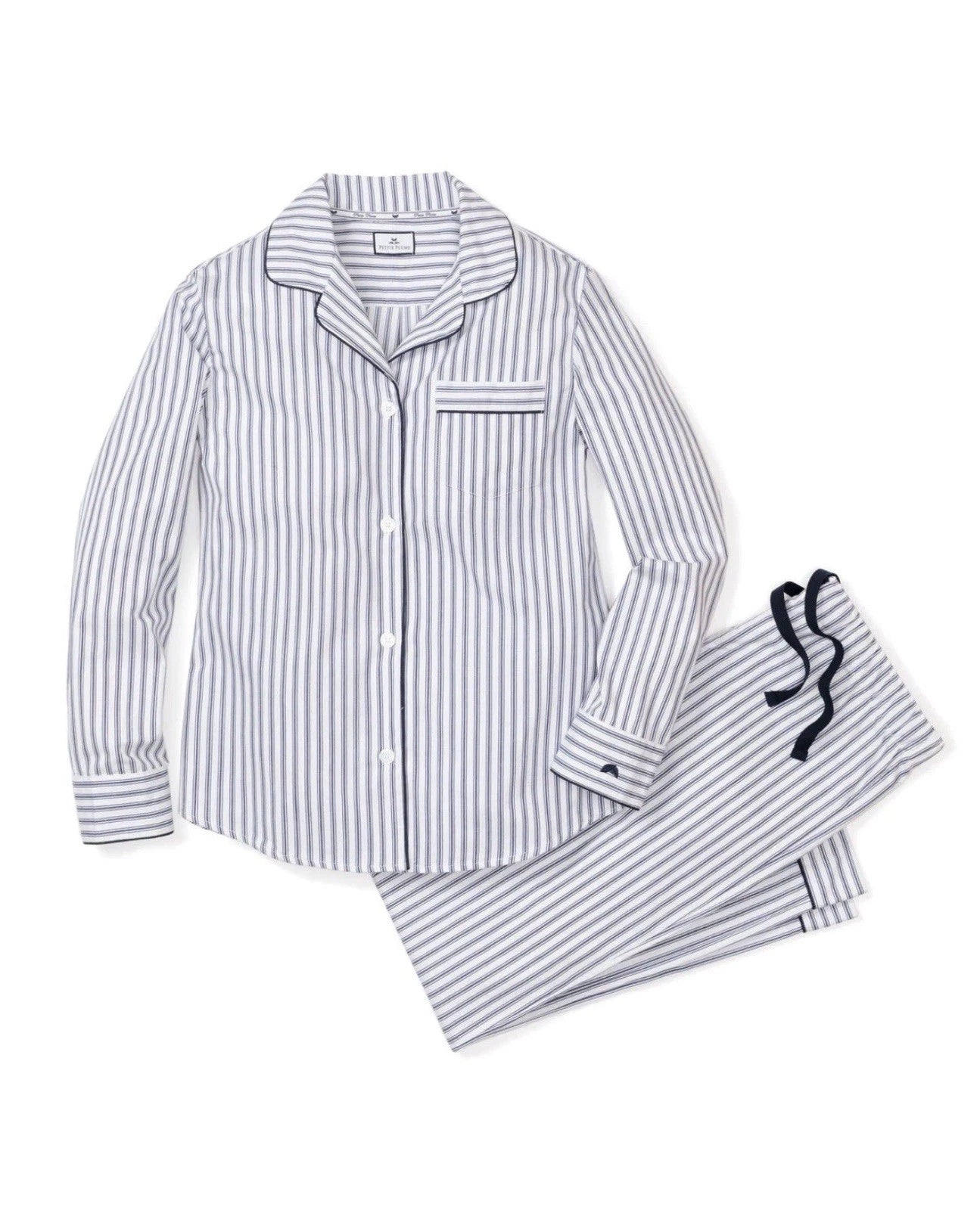 Petite Plume Women's Twill Pajama Set in Navy French Ticking NWT Medium MSRP $94