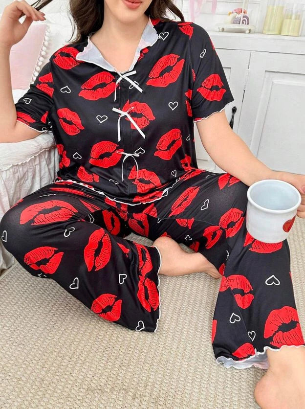 PYJAMA PLUS SIZE 22 24 26 28 BLACK RED LIPS RIBBON STRETCH LOUNGEWEAR COMFORT