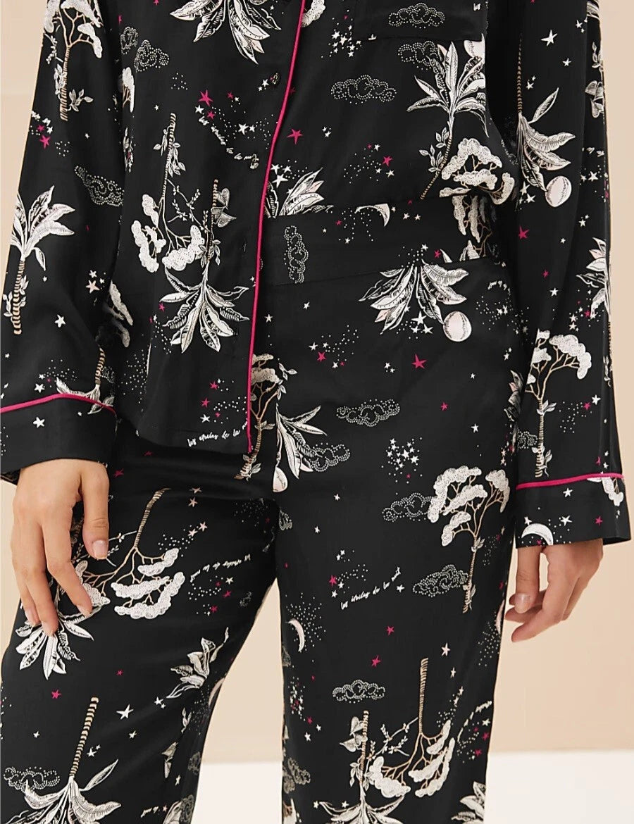 M&S Floral Print Revere Collared Pyjama Set - Size 12