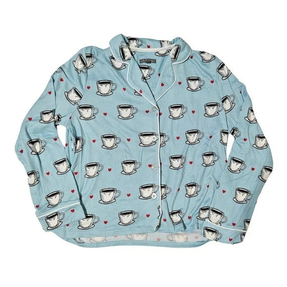 PJ SALVAGE Coffee Pajama Set 2-Piece Long Sleeve/Drawstring Pants Women Blue ☕