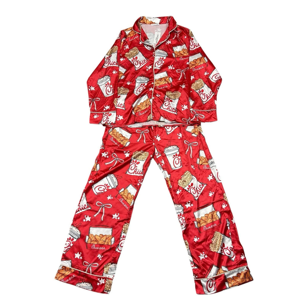 Sheshow Women's Chick-Fil-A Print Satin Pajamas Top/Short Set Red Medium New
