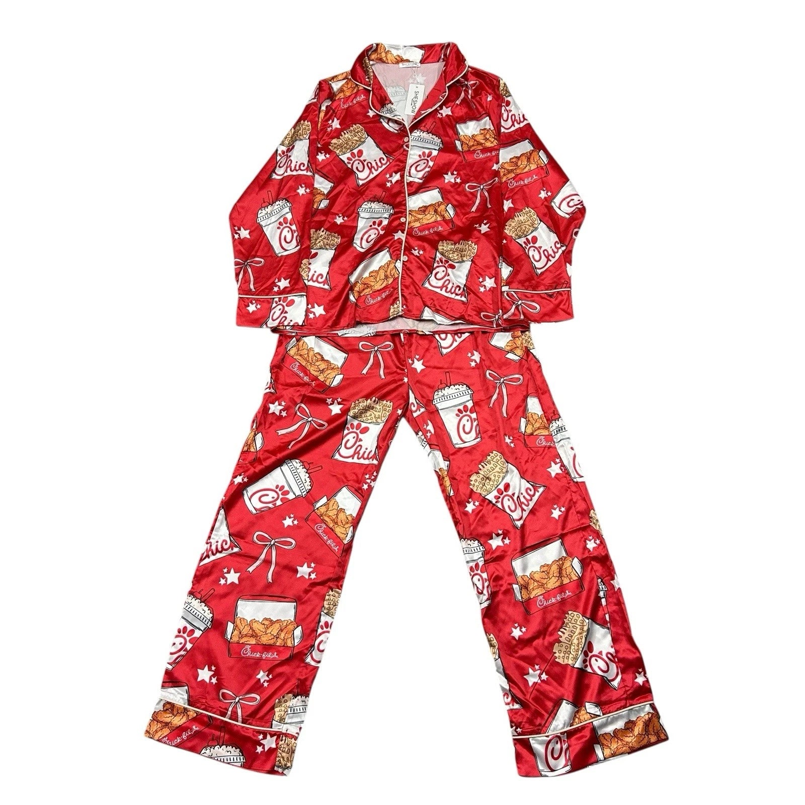 Sheshow Women's Chick-Fil-A Print Satin Pajamas Top/Short Set Red Medium New