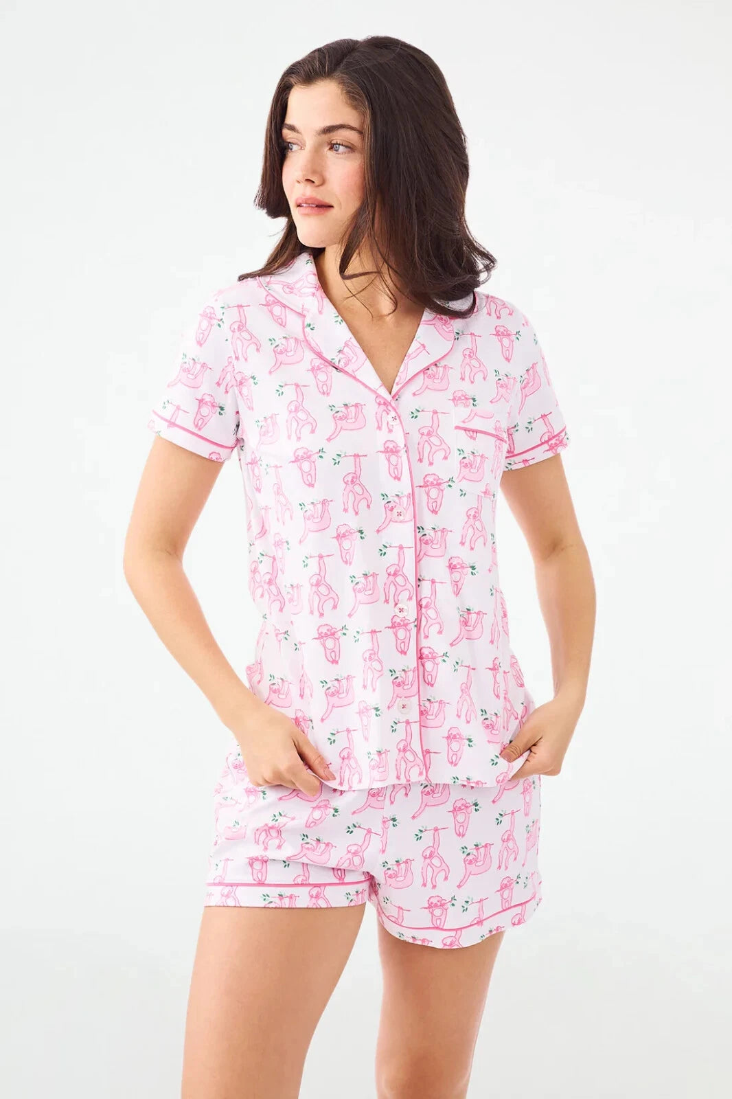 New Roller Rabbit Sleepy Sloth Polo PJ Pajama Shorts Shirt White Pink S