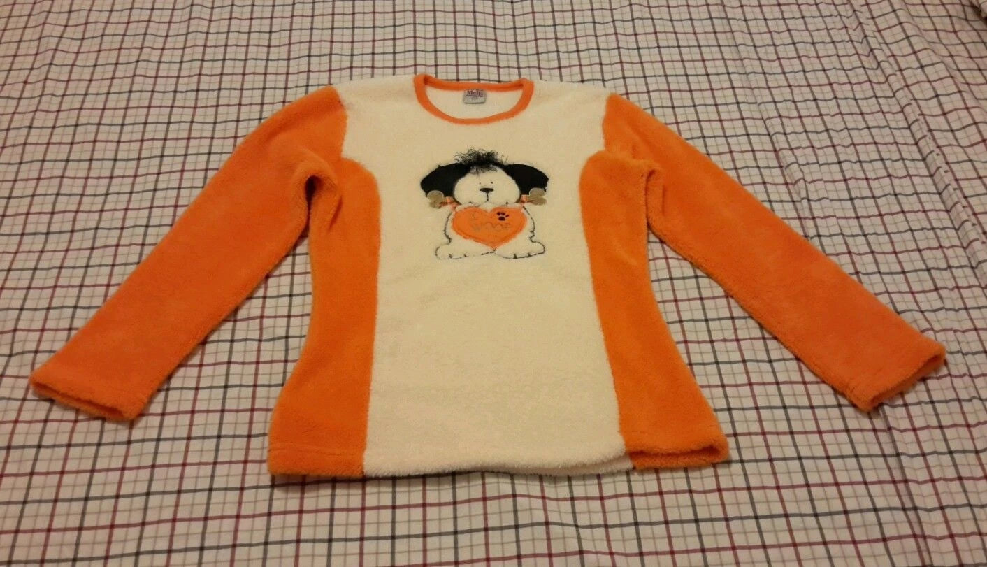 Women Size Small Fluffy Soft Pajama Set Dog "I Woof U" Orange 100% Cotton