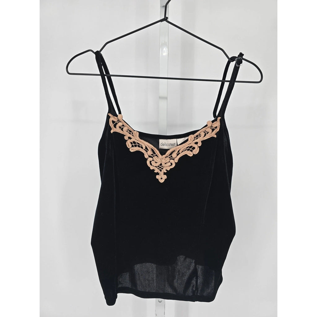 Delicates Intimates Womens Sz M velvet Pajama Top and Pants Set Black Lace Trim