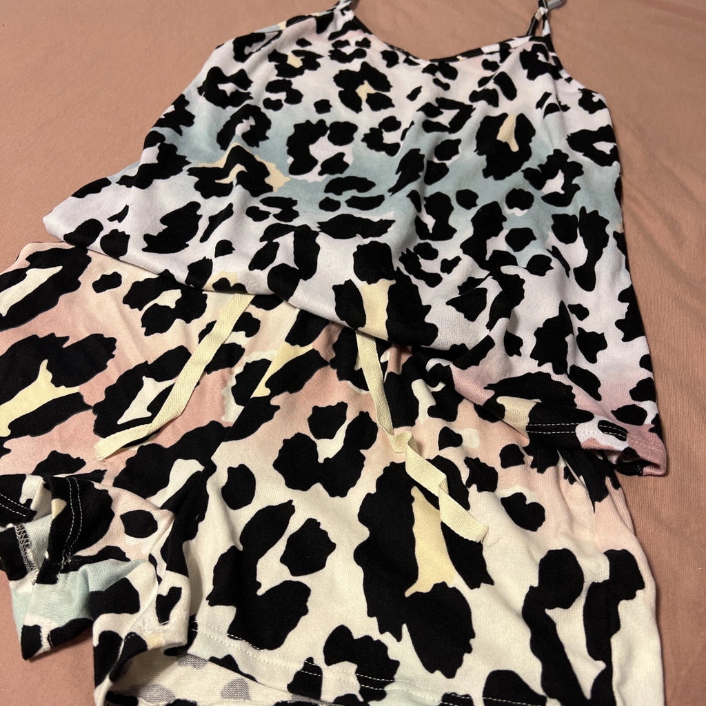NWOT Bibi Pink & Blue Leopard Super Soft Pajama Shorts & Top Set Size Small
