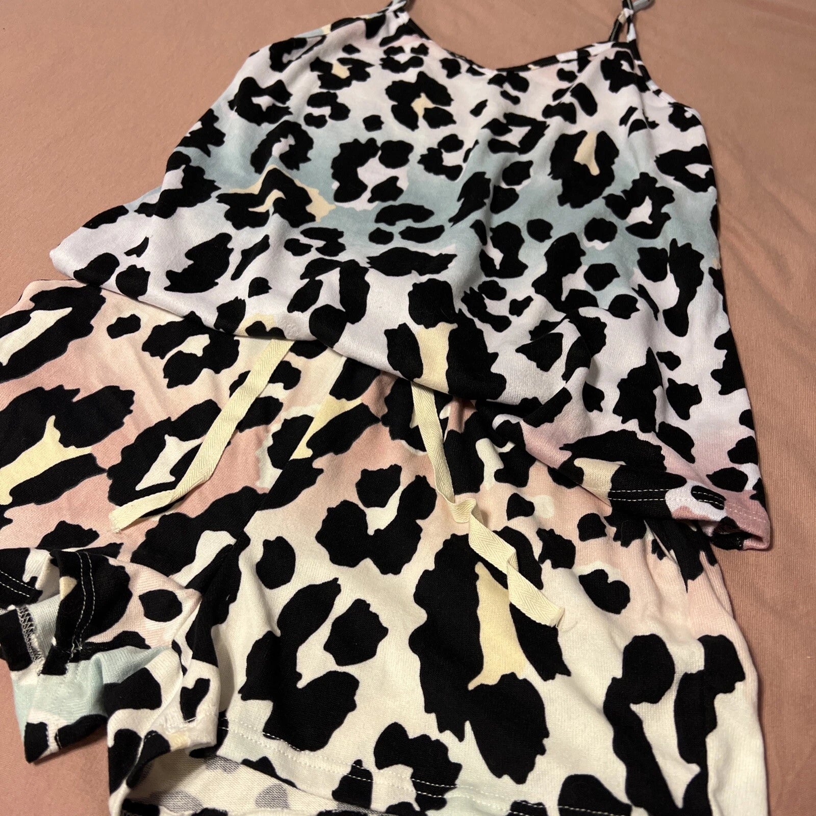NWOT Bibi Pink & Blue Leopard Super Soft Pajama Shorts & Top Set Size Small