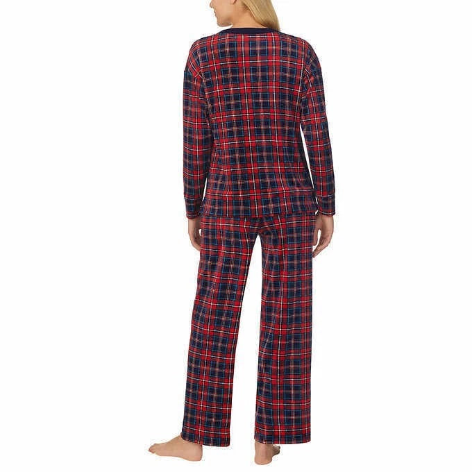 Nautica Women's Silky Stretch Fleece 2-Piece Pajama Set Red Plaid Sz Large