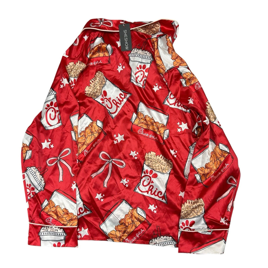 Sheshow Women's Chick-Fil-A Print Satin Pajamas Top/Short Set Red Medium New