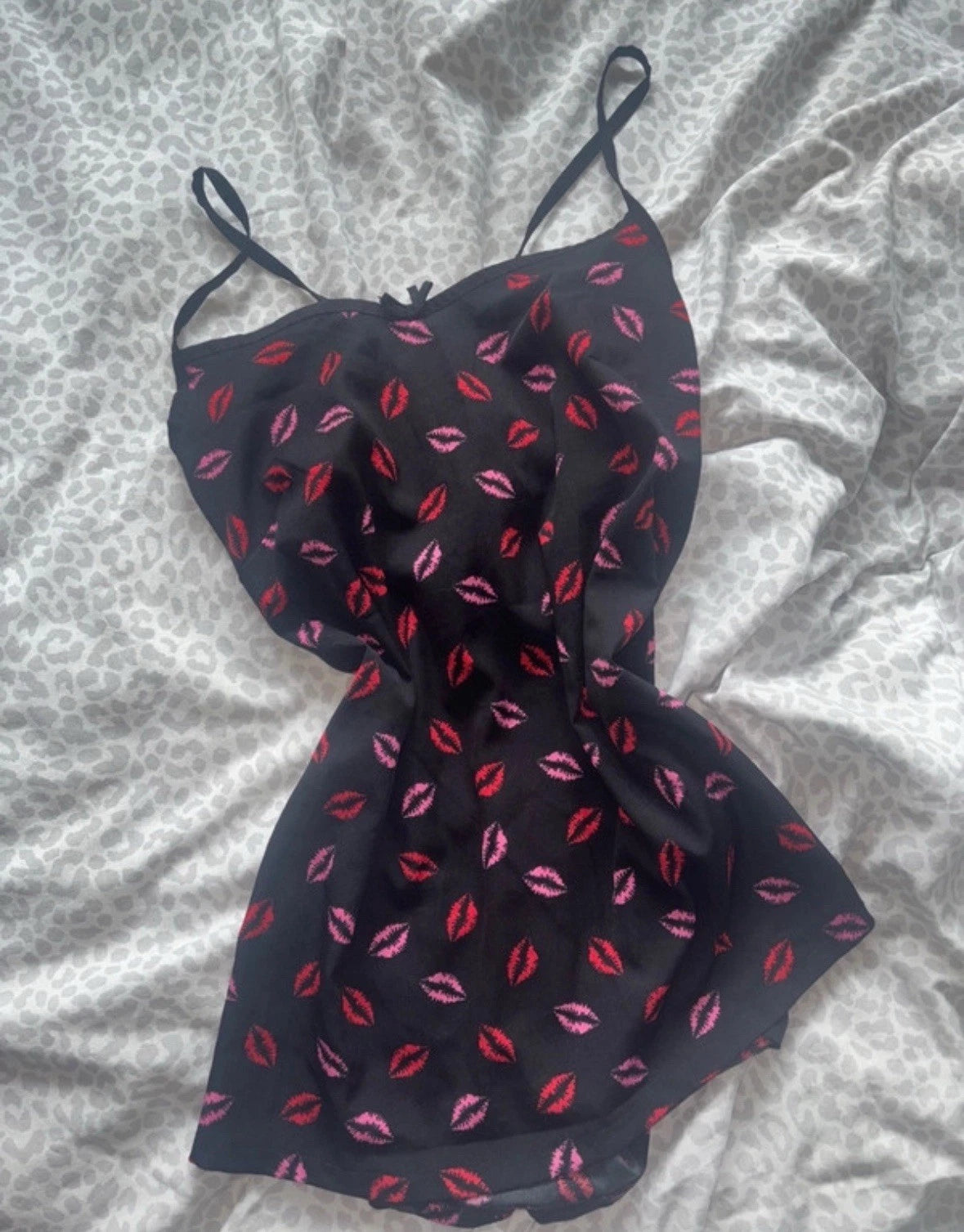 Primark Black & Pink Lips Satin Pyjama Set Upcycle Damaged Fabric
