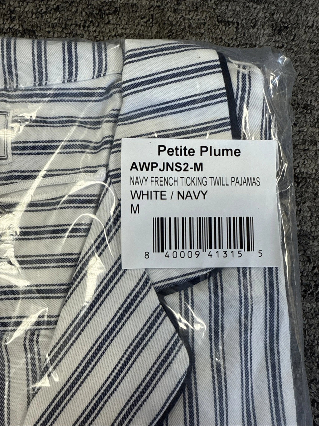 Petite Plume Women's Twill Pajama Set in Navy French Ticking NWT Medium MSRP $94