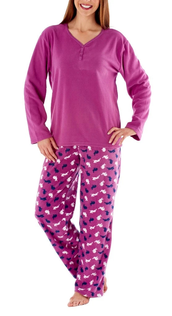 Ladies Soft Warm Cute Winter Cosy Fleece Long Rabbit Pyjama Set