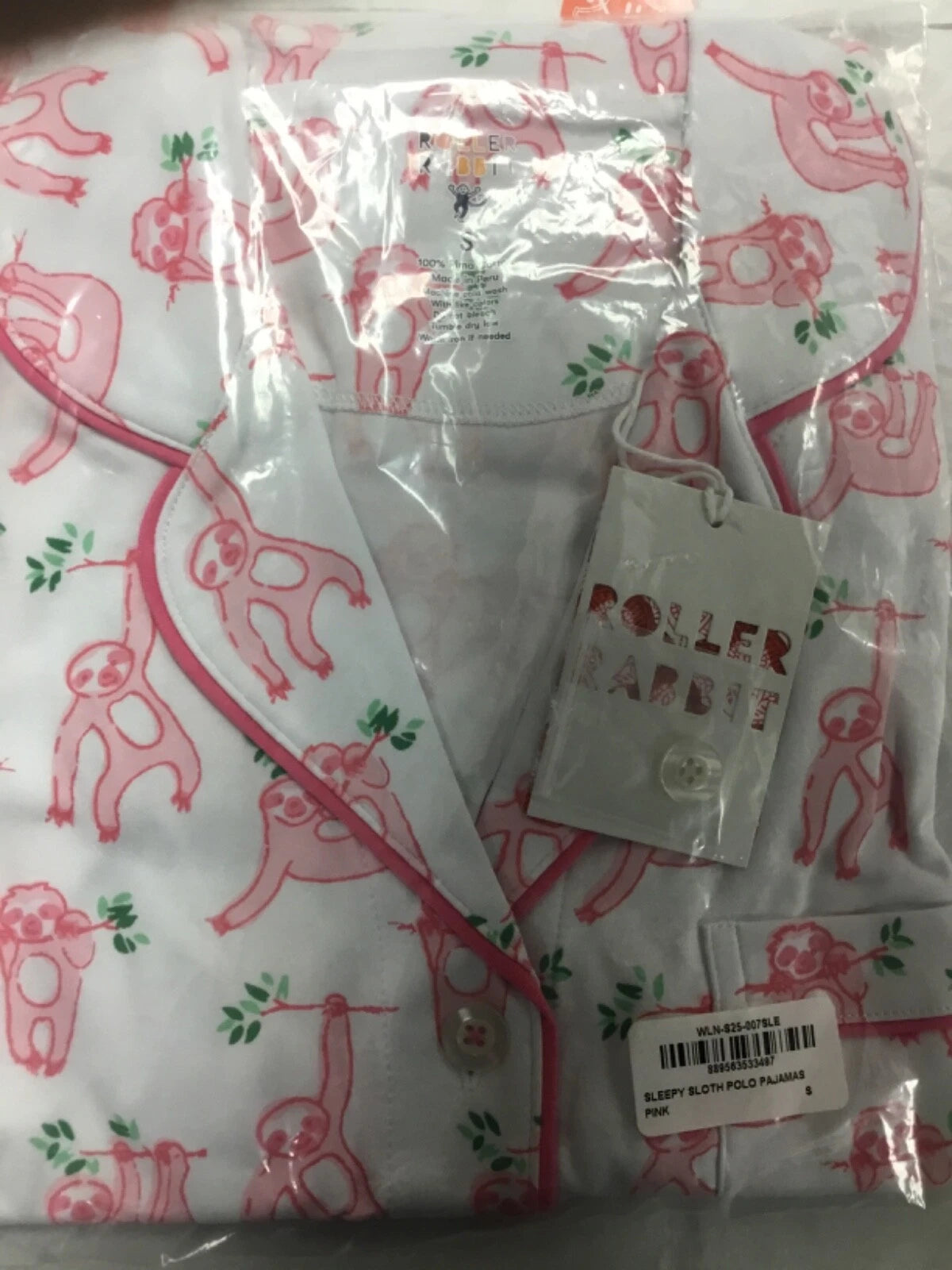 New Roller Rabbit Sleepy Sloth Polo PJ Pajama Shorts Shirt White Pink S