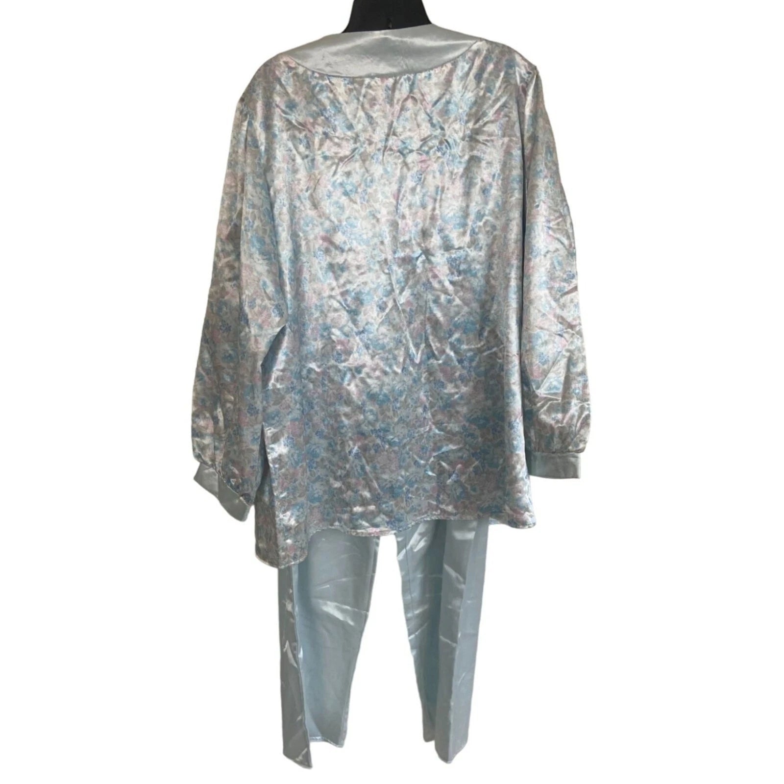 Jacques Janssens Womens Vintage Floral Pajama Set Silky Button-Up XL