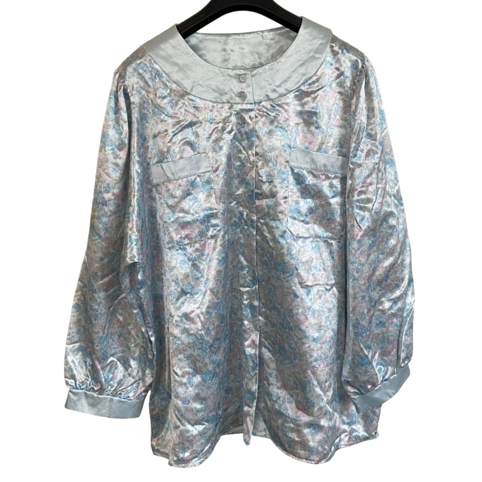Jacques Janssens Womens Vintage Floral Pajama Set Silky Button-Up XL