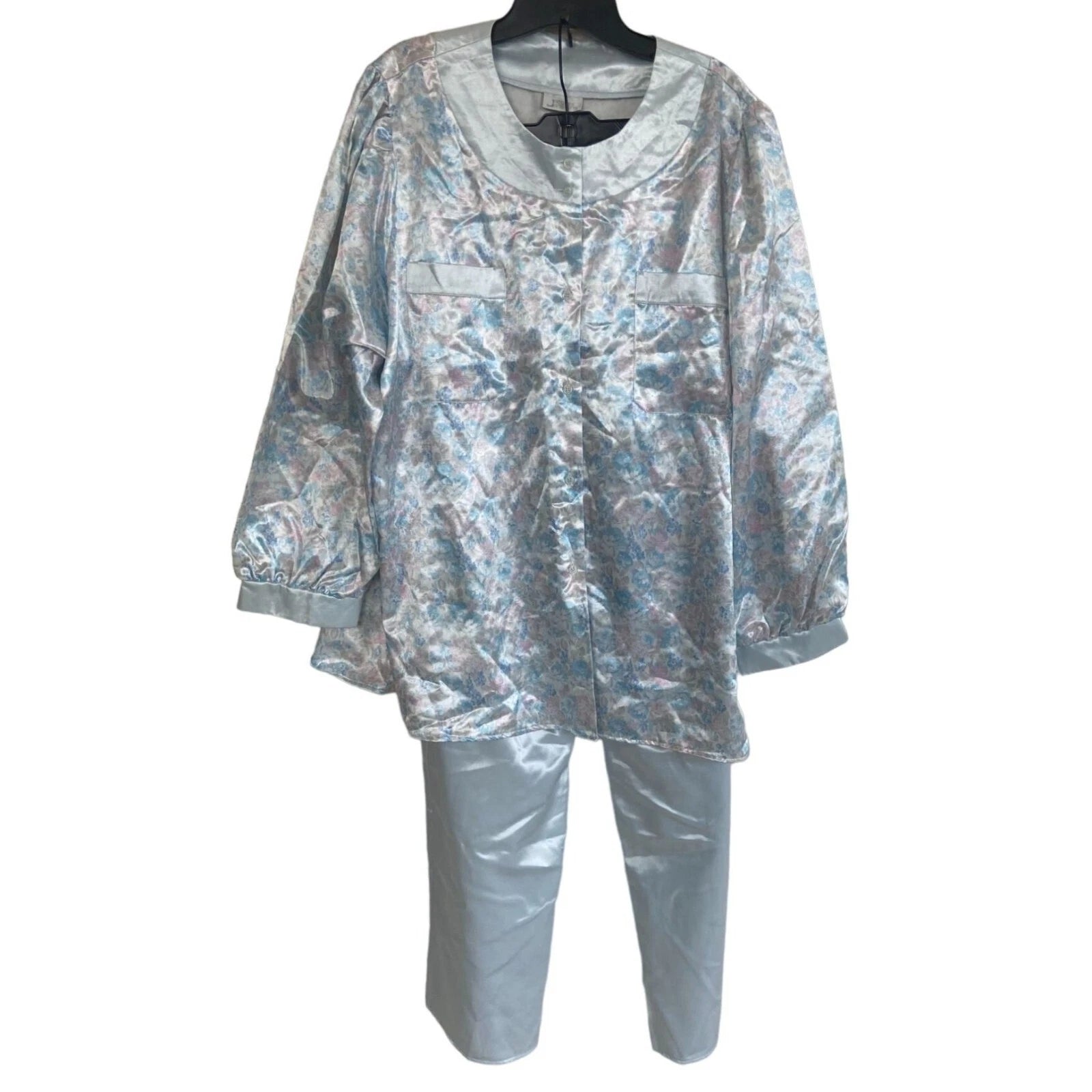 Jacques Janssens Womens Vintage Floral Pajama Set Silky Button-Up XL
