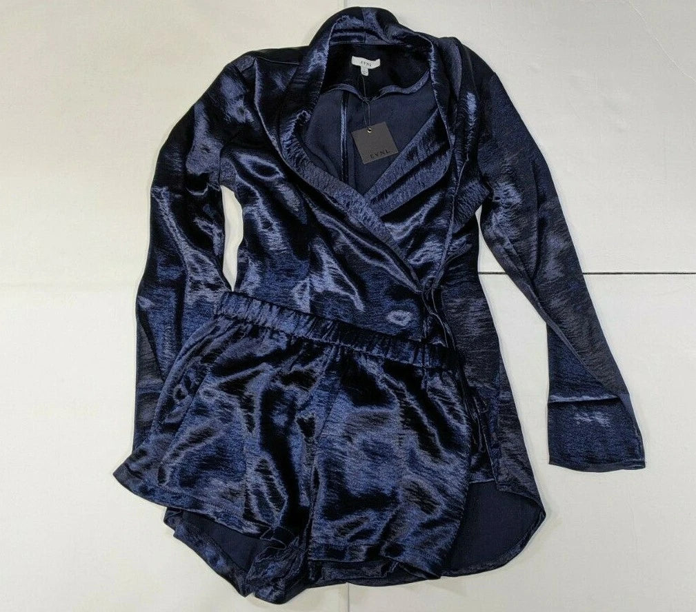 NWT EVNL Women's Navy Blue Pajama Set, Shorts/Long Sleeve, Front Tie Closure (L)