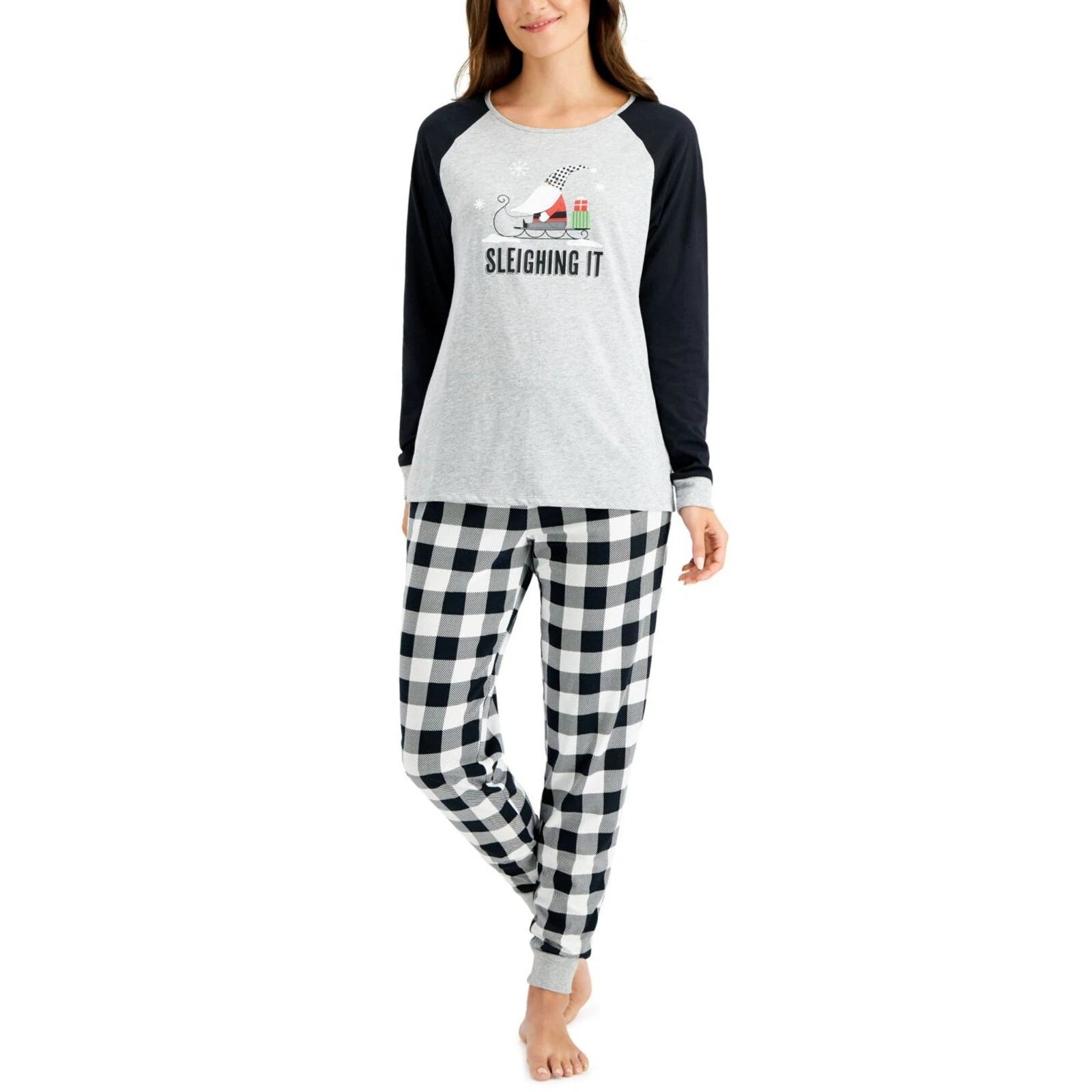 New Family Pajamas Womens 2 Pcs Sleighing It Pajama Set, Black/White, Medium