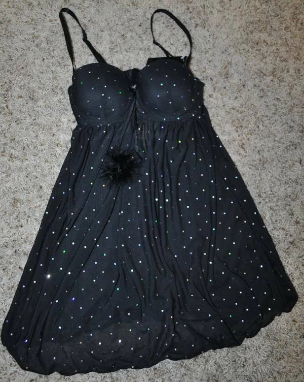 Babydoll Chemise Passion Black Sequined 2 Pc Pajamas Thong Set Womens-size S