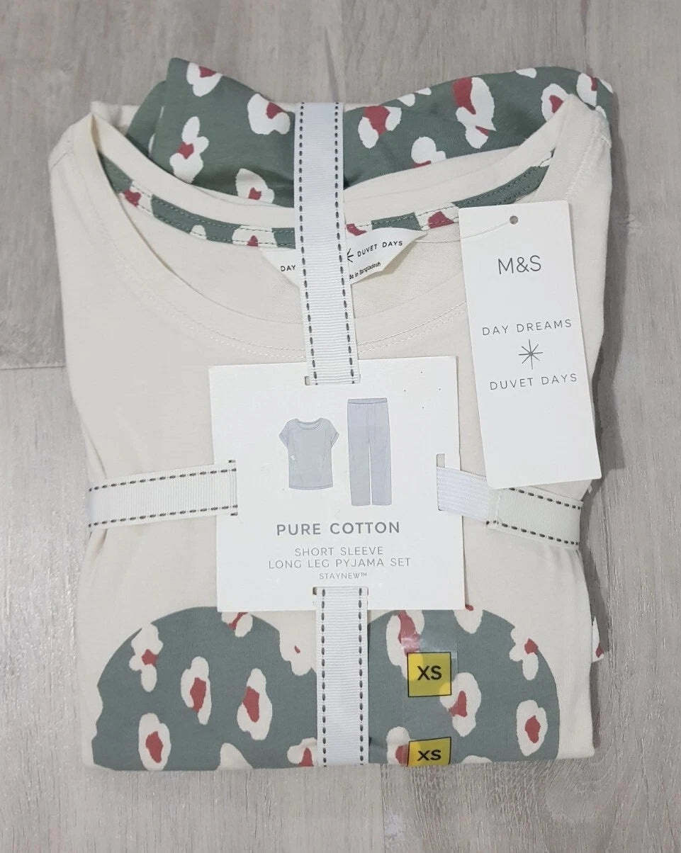 M&S size XS khaki LOUNGE WEAR pure cotton PYJAMA SET beige HEART short sleeve