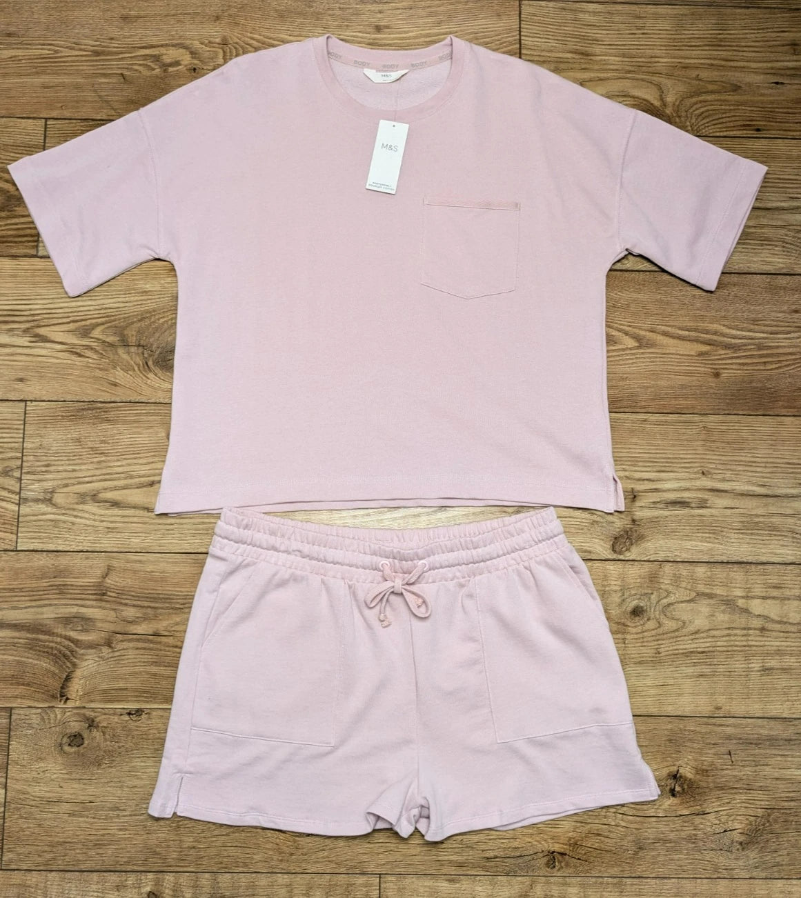 M&S Cotton Pink Sweatshirt Jersey Shortie Pyjama Set Pyjamas PJs Large 16 - 18