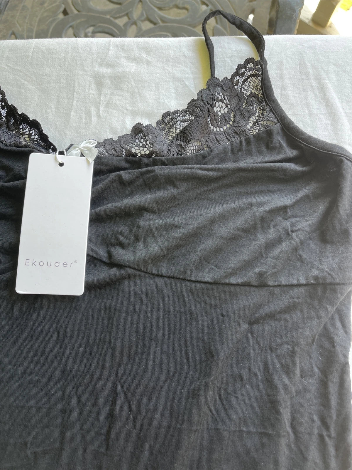 Elouaer Women's 2 pc. Black Pajama Set W/White Bow & Lace Top Sz. L