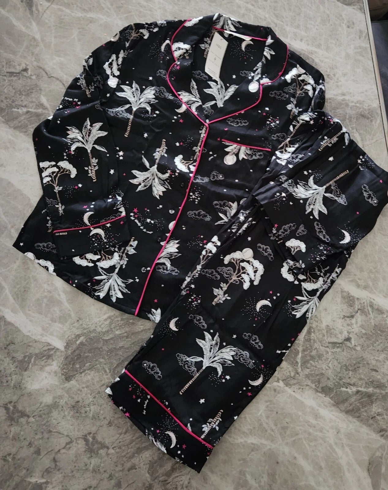 M&S Floral Print Revere Collared Pyjama Set - Size 12