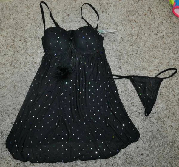 Babydoll Chemise Passion Black Sequined 2 Pc Pajamas Thong Set Womens-size S