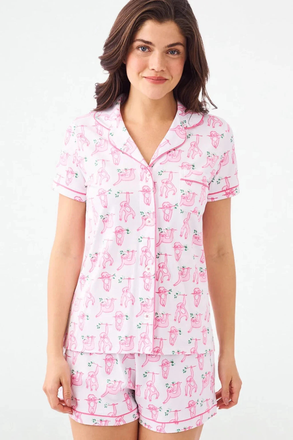 New Roller Rabbit Sleepy Sloth Polo PJ Pajama Shorts Shirt White Pink S