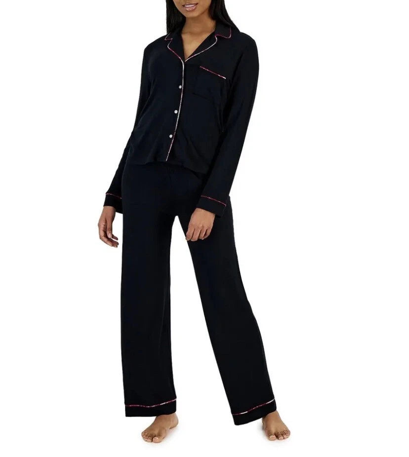 NWT JENNI Women's Notch-Collar Pajama Set Deep Black Size S