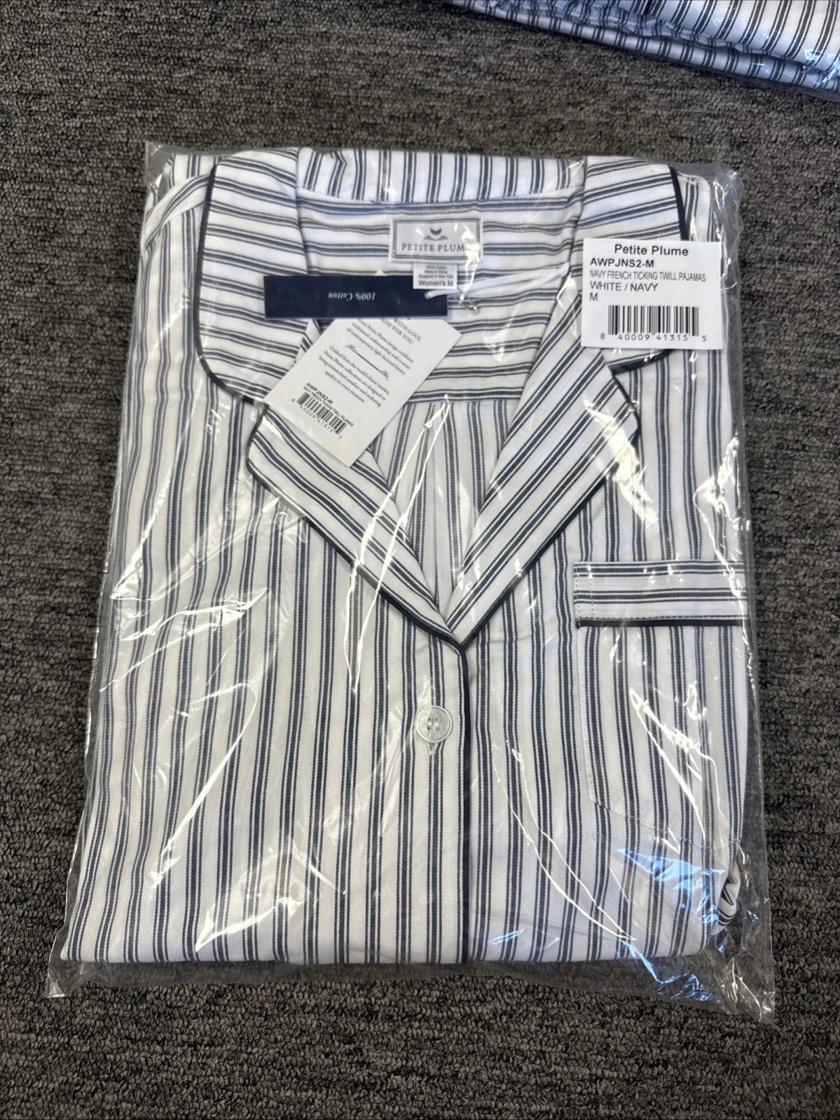 Petite Plume Women's Twill Pajama Set in Navy French Ticking NWT Medium MSRP $94