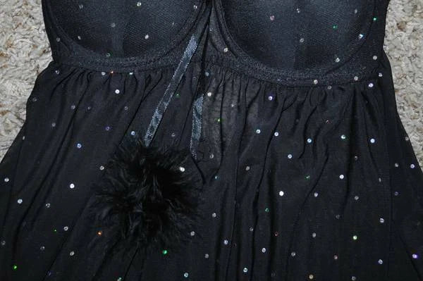Babydoll Chemise Passion Black Sequined 2 Pc Pajamas Thong Set Womens-size S