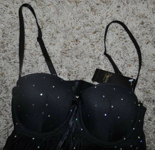 Babydoll Chemise Passion Black Sequined 2 Pc Pajamas Thong Set Womens-size S