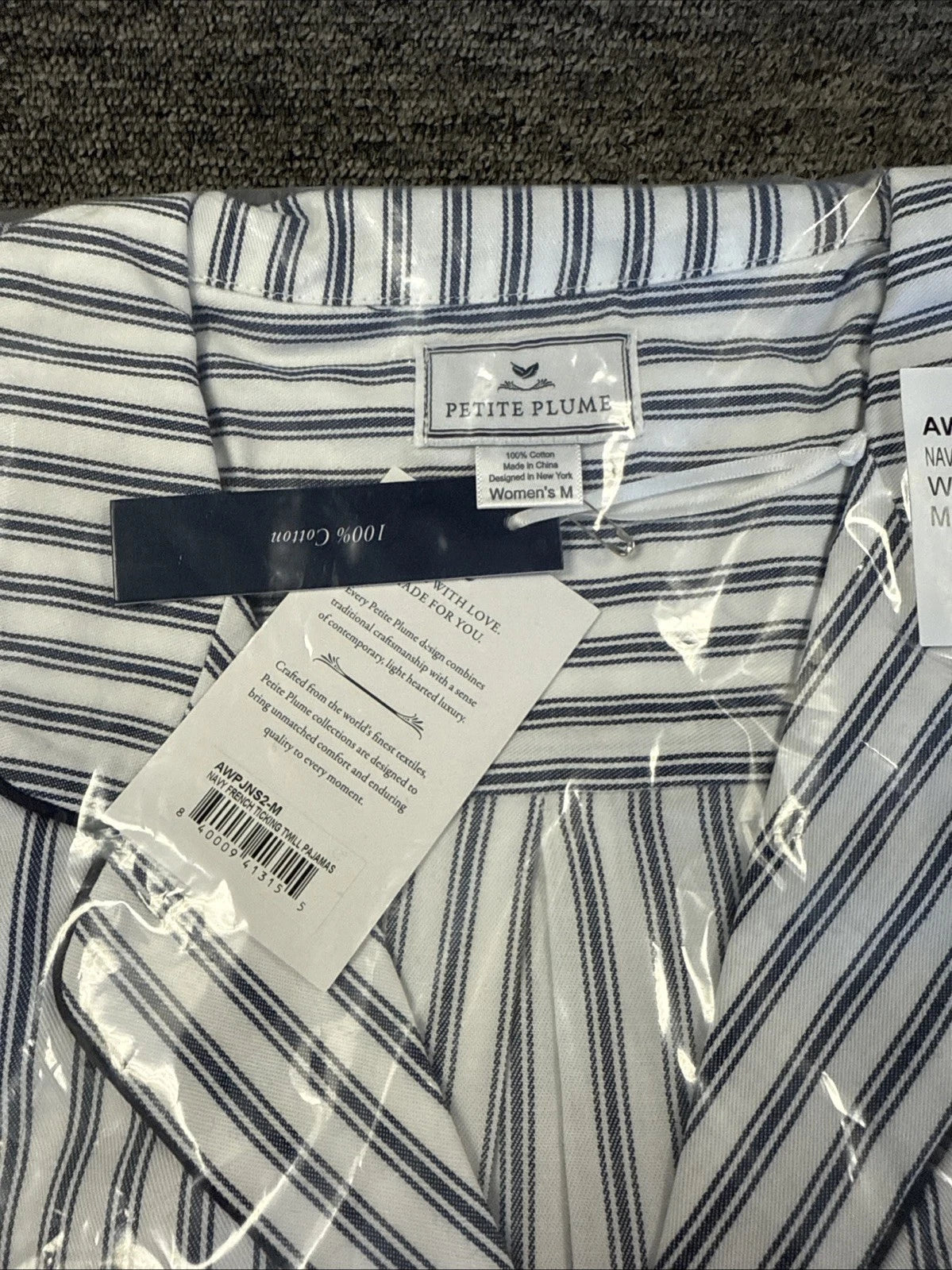Petite Plume Women's Twill Pajama Set in Navy French Ticking NWT Medium MSRP $94