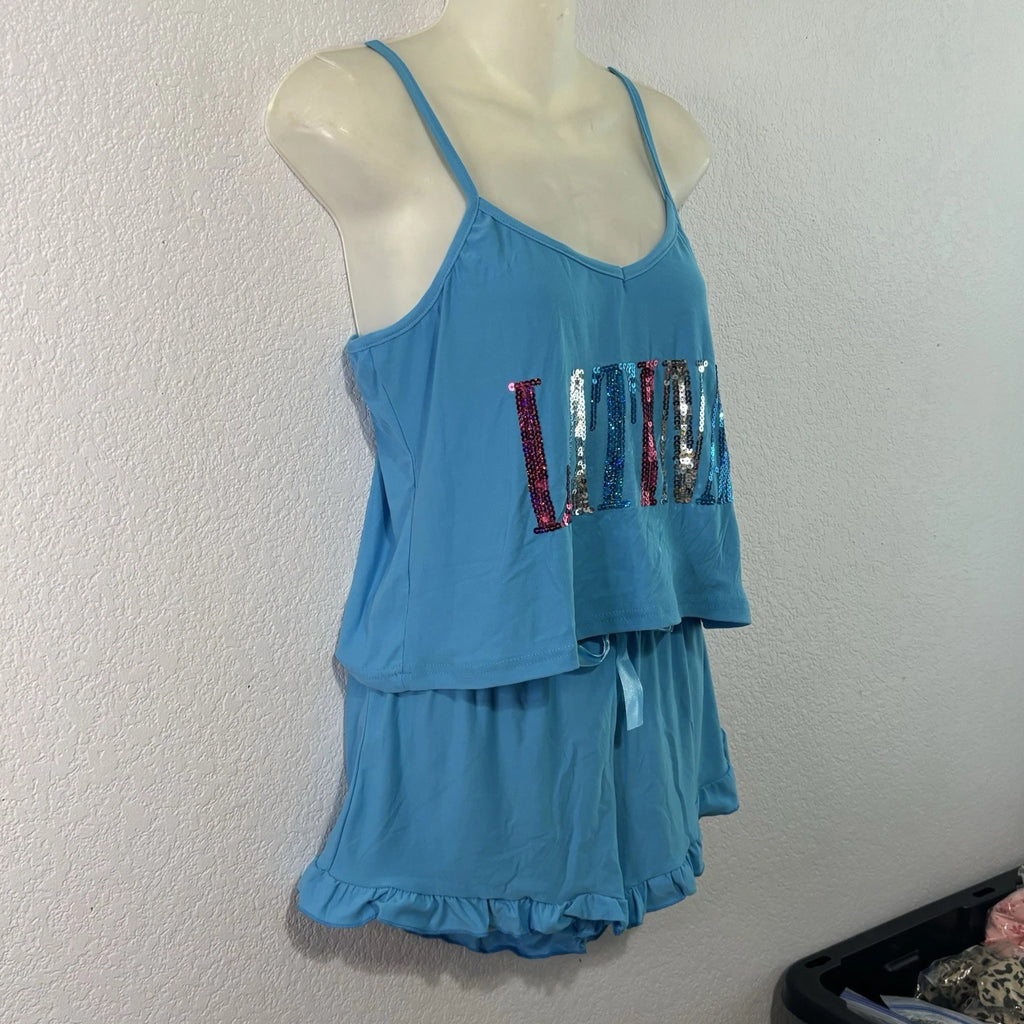 Weekending LATINA Pajama Set Blue Large – Sequin Graphic NWT